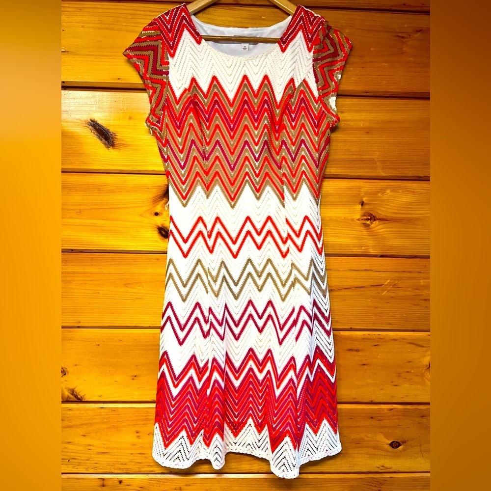 CB Women's IVORY/PINK Lined CROCHET LACE Chevron Stripe SHIFT DRESS 10